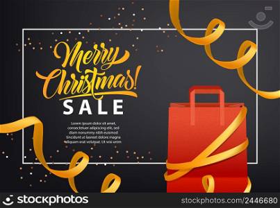 Merry Christmas, Sale poster design. Shopping bag, streamer, confetti and frame on black background. Template can be used for retail banners, flyers, signs