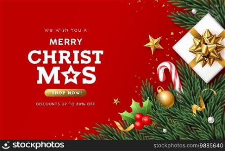 Merry Christmas sale, white gift box with pine leaves, santa s staff, and gold ribbons banner design on red background, Eps 10 vector illustration