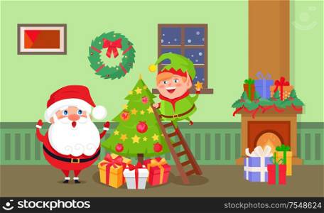 Merry Christmas Santa Claus and elf at home room vector. Winter characters decorating evergreen pine trees, fireplace with presents and gifts, wreath. Merry Christmas Santa Claus and Elf at Home Room