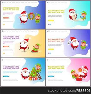 Merry Christmas Santa Claus and elf winter holiday vector. Characters with mistletoe wreath and tree decoration, list with children who get presents. Merry Christmas Santa Claus and Elf Winter Holiday