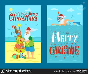 Merry Christmas, Santa Claus and monkey decorating umbrella as New Year tree. Saint Nicholas on rest swimming in scuba diving mask in sea or ocean, vector. Merry Christmas, Santa Claus, Monkey and Umbrella