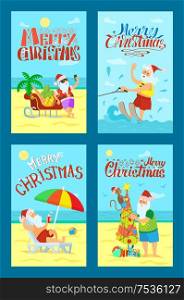 Merry Christmas, Santa Claus and monkey decorating umbrella topped by star. New Year in hot countries diving on water skies, sleigh with fruits, vector. Merry Christmas, Santa Claus and Monkey, Vector