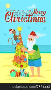 Merry Christmas, Santa Claus and monkey decorating umbrella with balls and garlands New Year in hot countries, Saint Nicholas on vacation, vector coast line. Merry Christmas, Santa Claus and Monkey Decorating