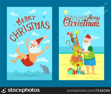 Merry Christmas, Santa Claus and monkey decorating umbrella with balls and garlands. Saint Nicholas on vacation diving in sea with dolphins, vector. Merry Christmas, Santa Claus and monkey, Sea Swim
