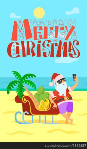 Merry Christmas, Santa Claus and sleigh full of bananas and grapes, palm tree. Vector New Year Character in tropical country at coastline, sand and seaview. Merry Christmas, Santa Claus, Sleigh Bananas Grape