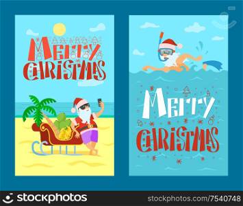 Merry Christmas, Santa Claus and sleigh full of bananas and grapes, palm tree. Vector New Year Character sweaming in warm sea in diving mask and flippers. Merry Christmas, Santa Claus, Sleigh Mask Flippers