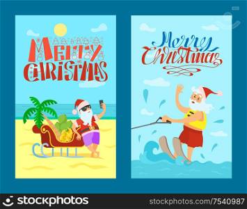 Merry Christmas, Santa Claus and sleigh full of bananas and grapes, palm tree. Vector New Year character riding on water skis, waving hand and greeting everyone. Merry Christmas, Santa Claus, Sleigh Bananas Grape