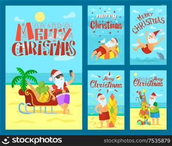 Merry Christmas, Santa Claus and sleigh full of fruits. Vector New Year character in tropical country at coastline, swimming and surfing in sea, decorate umbrella. Merry Christmas Santa Claus, Sleigh Full of Fruits