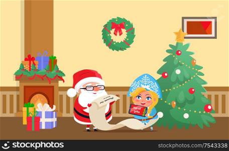 Merry Christmas Santa Claus and snow maiden at home vector. Winter characters checking list with presents, fireplace and tree decorated with baubles. Merry Christmas Santa Claus and Snow Maiden Home