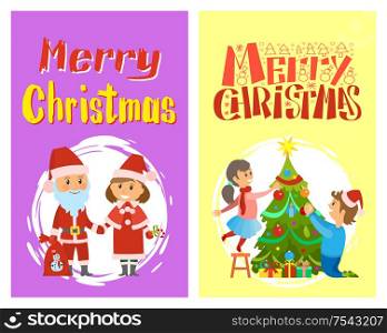 Merry Christmas, Santa Claus and Snow maiden in costumes vector postcards in round brush frame. Xmas winter holidays characters, bag with snowman print. Santa Claus and Helper in Traditional Costumes