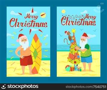 Merry Christmas, Santa Claus and surfing board. Xmas character decorating umbrella as New year tree on summer rest. Vector Saint Nicholas in tropical country. Merry Christmas Santa Claus and Surfing Board Xmas