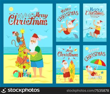 Merry Christmas, Santa Claus and surfing board, Xmas character on summer rest riding on water skis. Vector Saint Nicholas resting on sunbed, swimming with dolphin. Merry Christmas Santa Claus Surfing Board, Dolphin
