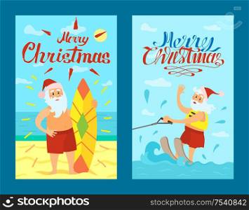 Merry Christmas, Santa Claus and surfing board, Xmas character on summer rest riding on water skis. Vector Saint Nicholas surfer in tropical country, vector. Merry Christmas, Santa Claus, Surfing Board, Xmas