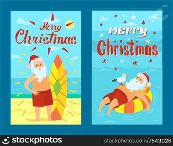 Merry Christmas Santa Claus and surfing board, Xmas character on summer rest. Vector Saint Nicholas surfer in tropical country, man on lifebuoy, vector. Merry Christmas Santa Claus and Surfing Board Xmas