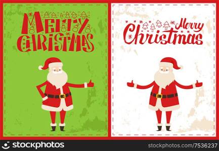 Merry Christmas Santa Claus celebrate Xmas time. Bearded man send warm wishes on New Year eve, vector senior person in red costume and gesture signs. Merry Christmas Santa Claus Celebrate Xmas Time