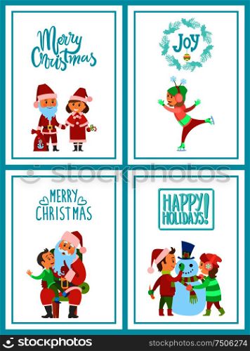 Merry Christmas Santa Claus character with helper, holidays celebration vector. Children building snowman and skating on rink. Boy making wish dream. Merry Christmas Santa Claus Holidays Celebration
