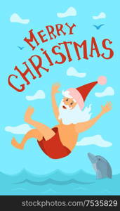 Merry Christmas, Santa Claus diving in red hat, New year character on holidays vector at skyline. Water splashes and dolphin swimming and jumping in water. Merry Christmas, Santa Claus Diving Hat, New Year
