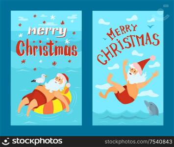 Merry Christmas, Santa Claus diving in red hat, New year character on summertime holidays swimming in life buoy, water splashes and dolphin jumping in water, vector. Merry Christmas, Santa Claus Diving, Lifebuoy