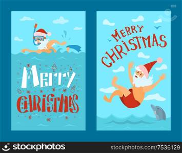 Merry Christmas, Santa Claus diving in red hat, New year character swimming with dolphin on summertime holidays vector. Water splashes and jumping in water. Santa Claus Diving in Red Hat, New Year Character