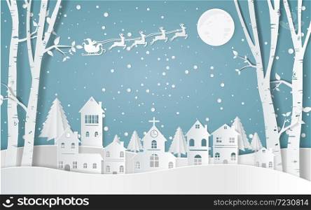 Merry christmas,Santa Claus Driving in a Sledge,Snow forest. pines in winter and mountain Paper vector Illustration