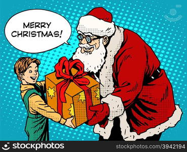 Merry Christmas Santa Claus gift gives the child pop art retro style. The holidays New year and Christmas. Childhood and congratulation. Magic character. Merry Christmas Santa Claus gift gives the child