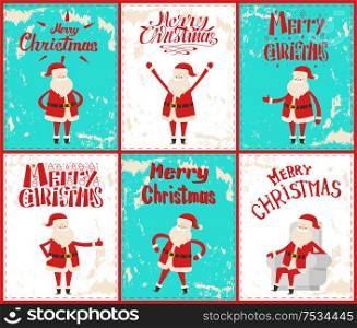 Merry Christmas Santa Claus having fun outdoors vector. Snowfall and happy winter character wearing traditional costume. Pine tree and snowman icons. Merry Christmas Santa Claus Having Fun Outdoors
