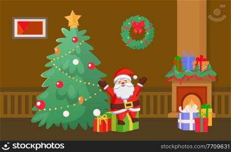 Merry Christmas Santa Claus holding presents by pine tree vector. Home interior decorated with baubles and star on top. Fireplace with flame and gifts. Merry Christmas Santa Claus Holding Presents Tree