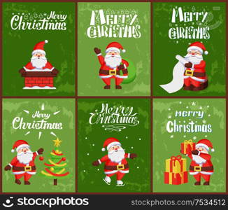 Merry Christmas, Santa Claus in chimney at night vector. Sack with presents gifts, list of children obeying parents, pine tree decorated with garlands. Merry Christmas, Santa Claus in Chimney at Night