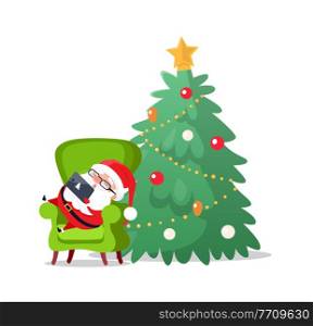 Merry Christmas Santa Claus laying on armchair sleeping vector. Tired old man with laptop and sign of pine evergreen tree. Decorated fir baubles and balls. Merry Christmas Santa Claus on Armchair Sleeping