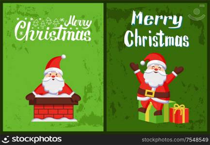 Merry Christmas, Santa Claus looking out chimney pipe, send greetings from gift boxes vector winter character on green grunge backdrop, New Year holidays cards. Merry Christmas, Santa Claus Look Out Chimney Pipe