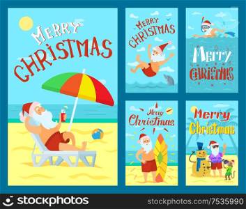 Merry Christmas, Santa Claus lying on sunbed under color umbrella. Father frost jumping into water, surfboarding, decorating abstract Xmas tree with monkey. Merry Christmas, Santa Claus Holidays Adventures