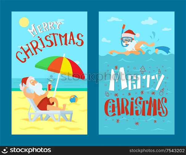 Merry Christmas, Santa Claus lying on sunbed under color umbrella. Father frost in red hat diving in scuba mask in sea or ocean in red hat, vector at coastline flat style. Merry Christmas Santa Claus Lying on Sunbed Vector