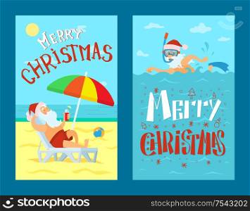 Merry Christmas, Santa Claus lying on sunbed under color umbrella. Father frost in red hat diving in scuba mask in sea or ocean in red hat, vector at coastline flat style. Merry Christmas Santa Claus Lying on Sunbed Vector