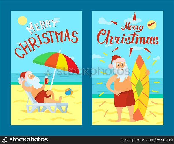 Merry Christmas, Santa Claus lying on sunbed under color umbrella vector. Father Frost in red hat and surfboarder, man at coastline on sea shore on sand. Merry Christmas Santa Claus Lying on Sunbed Vector