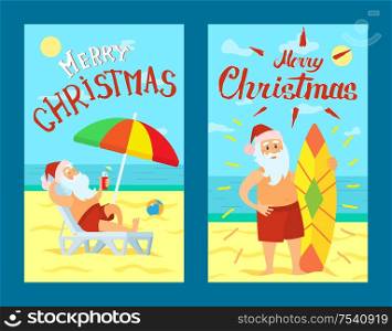 Merry Christmas, Santa Claus lying on sunbed under color umbrella vector. Father Frost in red hat and surfboarder, man at coastline on sea shore on sand. Merry Christmas Santa Claus Lying on Sunbed Vector