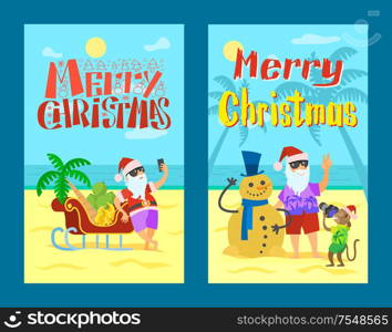 Merry Christmas, Santa Claus making photo, snowman of sand and selfie near sleigh with grapes and bananas. Monkey and Saint Nicholas on summer holidays, vector. Merry Christmas, Santa Claus Making Photo, Snowman