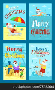 Merry Christmas, Santa Claus making photo with snowman, diving in scuba mask, riding on water skis, lying on sunbed. Saint Nicholas on summer holidays, vector. Merry Christmas, Santa Claus Making Photo, Snowman