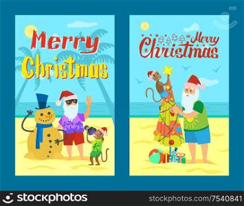 Merry Christmas, Santa Claus making photo with snowman made of sand. Monkey and Saint Nicholas decorating umbrella as abstract New Year tree, summer holidays. Santa Claus Making Photo with Snowman Made of Sand