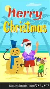 Merry Christmas, Santa Claus making photo with snowman made of sand in winter hat and scarf. Monkey and Saint Nicholas on summer holidays, vector New Year. Merry Christmas, Santa Claus Making Photo, Snowman