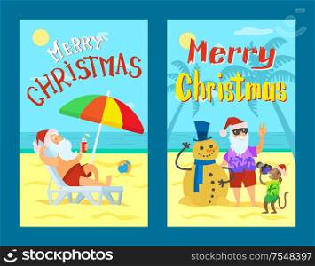 Merry Christmas, Santa Claus making photo with snowman made of sand in winter hat and scarf. Monkey and Saint Nicholas with cocktail, sunbed and umbrella. Merry Christmas, Santa Claus Making Photo, Snowman