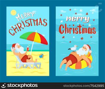 Merry Christmas, Santa Claus on life buoy in water. Father frost in red hat drinking refreshing cocktail at summertime, lying on sunbed under color umbrella vector. Merry Christmas, Santa Claus on Life Buoy, Vector