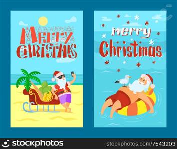 Merry Christmas, Santa Claus on lifebuoy, seagull. Vector cartoon character and sleigh full of bananas and grapes, celebrating New Year in tropical country flat style. Merry Christmas, Santa Claus on Lifebuoy, Seagull