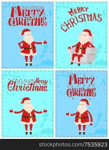 Merry Christmas Santa Claus postcard with lettering greetings and Santa Claus. Xmas cartoon character in armchair, wide open hands, wishing happy holidays. Merry Christmas Santa Claus Postcard, Lettering