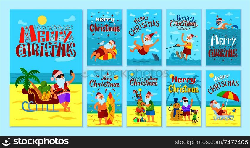 Merry Christmas Santa Claus resting on islands vector. Old man talking photos and swimming with dolphin, seagull and monkey. Snowman made of sand. Merry Christmas Santa Claus Resting on Islands