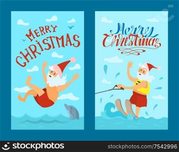 Merry Christmas, Santa Claus riding on water skies in red hat, jumping in water with dolphin. New year character on summer holidays vector. Water splashes, active way of life. Santa Claus Riding Water Skies, Red Hat, New Year