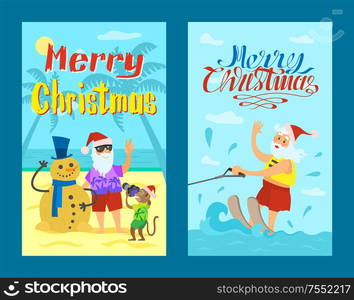 Merry Christmas, Santa Claus riding on water skies in red hat, New year characters snowman of sand and monkey. Summer holidays vector water splashes and man. Merry Christmas, Santa Claus Riding on Water Skies