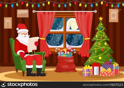 Merry Christmas. Santa Claus sitting in armchair in living room and reading wish list. Christmas background. Christmas tree, winter window, gifts in the bag. Vector illustration in flat style. Santa Claus sitting in armchair
