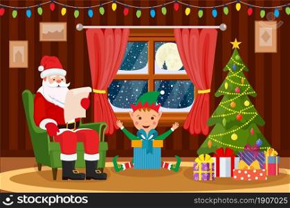 Merry Christmas. Santa Claus sitting in armchair in living room and reading wish list. Christmas Elf . Christmas tree, winter window, gifts in the bag. Vector illustration in flat style. Santa Claus sitting in armchair