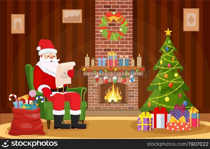 Merry Christmas. Santa Claus sitting in armchair near fireplace in living room and reading wish list. Christmas background Vector illustration in flat style. Santa Claus sitting in armchair