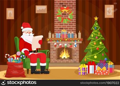 Merry Christmas. Santa Claus sitting in armchair near fireplace in living room and reading wish list. Christmas background Vector illustration in flat style. Santa Claus sitting in armchair